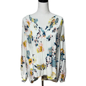 Lucky Brand Top Womens Large White Blue Floral Colorful Smocked Peasant Boho